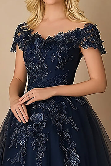 Cravate noire marine trapèze col V Tulle Robe longue mère de la mariée à manches courtes